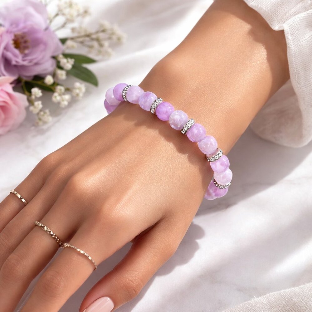 Magical Pink and Purple Handmade Unisex Beaded Bracelet with Rhinestone Spacers